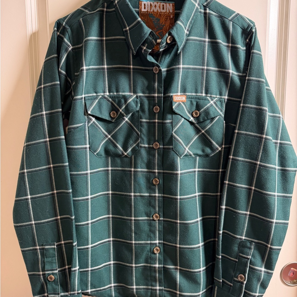 Dixxon Shirt Womens Medium Green White Plaid Button Up The Rim Flannel Pockets